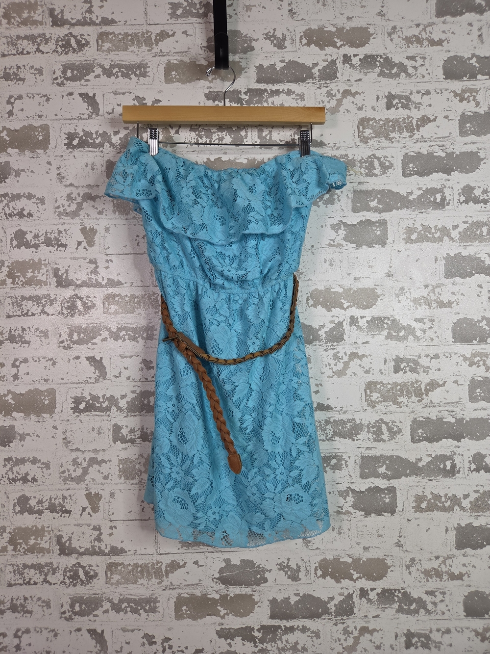 Boho Aqua Blue Lace Off-The-Shoulder Mini Dress with Braided Belt Size M